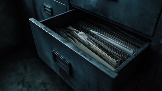 Metal filing cabinet drawer filled with old folders in dark office