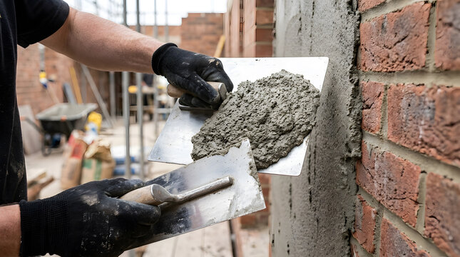 professional bricklayer applying wall render | construction worker using trowel and hawk | exterior wall plastering on building site | industrial masonry work close up