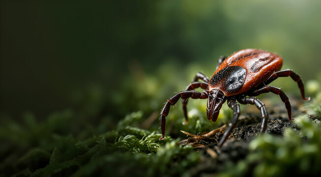 Macro photography of a dangerous deer tick crawling on green moss in a forest setting, capturing the detailed texture of the parasite.