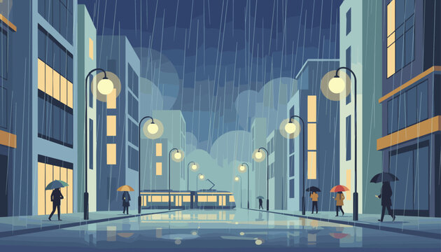 City street view during a rainy night with people carrying umbrellas and street lights reflecting on the wet pavement near a tram.