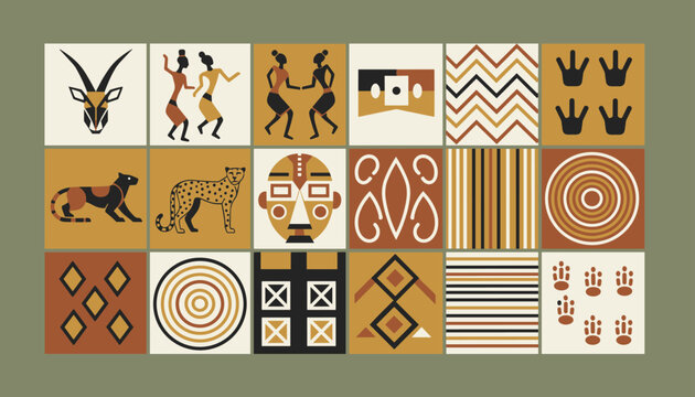 Collection of various traditional African patterns and symbols including animal shapes human figures and geometric designs in earthy tones.