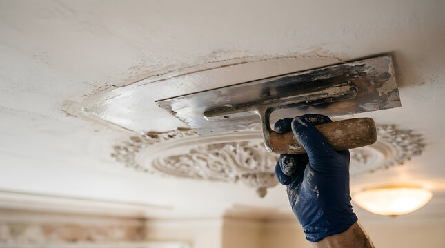 professional plasterer applying plaster to ceiling | home renovation decorative molding restoration | skilled trade worker using trowel for repair | hand in blue glove finishing interior surface