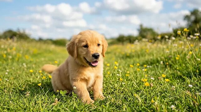 Cute Golden Retriever Puppy Sitting in a Sunny Meadow