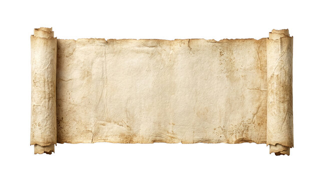 Blank Unrolled Ancient Parchment Paper Scroll with Torn Edges and Stained Texture on White Background