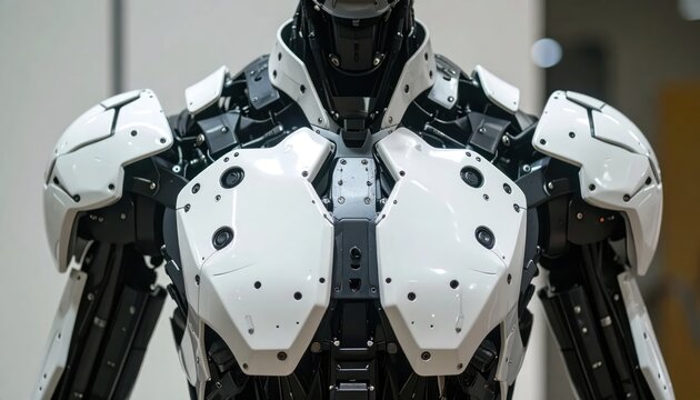 Close view of white mecha armor plating and internal mechanics.