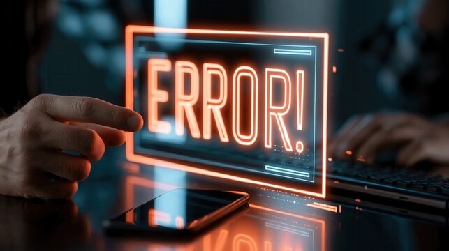 Hand points at a glowing holographic 'ERROR!' message displayed above a smartphone on a dark desk environment.