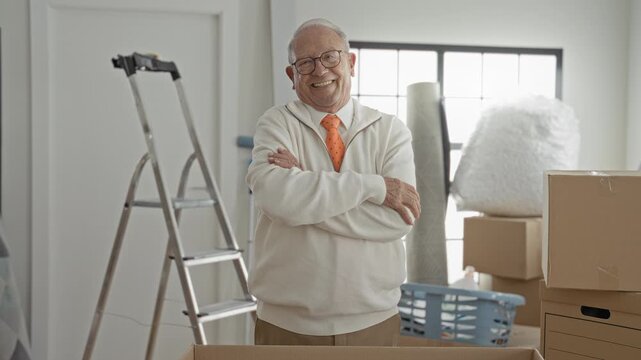Senior man with glasses and orange tie smiling, arms crossed amid stacked cardboard boxes, laundry basket, ladder, rolled rug and bubble wrap in a building; pride.