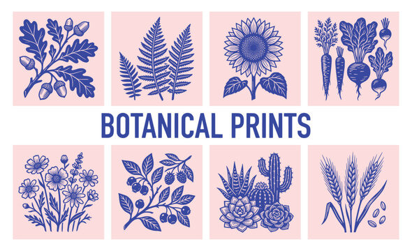 Blue monocolor botanical block print set. oak leaves, ferns, sunflower, vegetables, succulents, wheat. for organic farm packaging, rustic nature posters. vintage vector art layout.