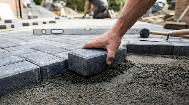Professional driveway paving installation | Laying concrete block paving stones | Landscaping patio construction project | Close-up of manual paving stone placement