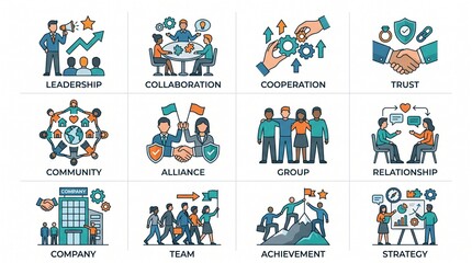 Fototapeta premium Illustrated teamwork icons—leadership, collaboration, trust, loyalty, community—depict people connecting, cooperating, and growing together, symbolizing unity, organizational strength, and collective 