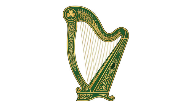 An ornate green and gold harp, a symbol of Ireland, decorated with shamrocks and Celtic knotwork.