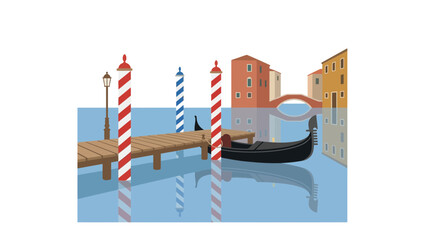 A serene canal scene in Venice with a gondola docked at a wooden pier, surrounded by colorful buildings. © nan