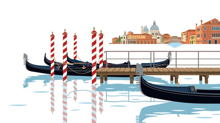 Traditional Venetian gondolas docked by a wooden pier with striped mooring poles and city skyline in the background. © nan