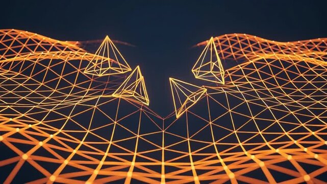 Dynamic digital network landscape with abstract geometric pyramids on a glowing wireframe mesh, symbolizing advanced data structures, computational innovation, and futuristic technology concepts