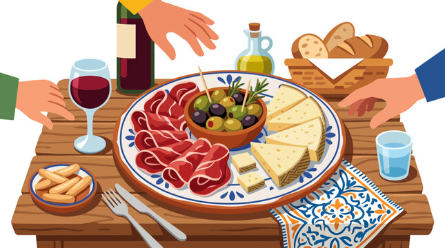 Friends sharing a delicious platter of Spanish tapas with wine and bread on a rustic wooden table.