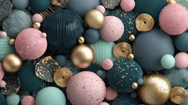 Collection of diverse textured spheres and abstract shapes creates a rich, layered composition