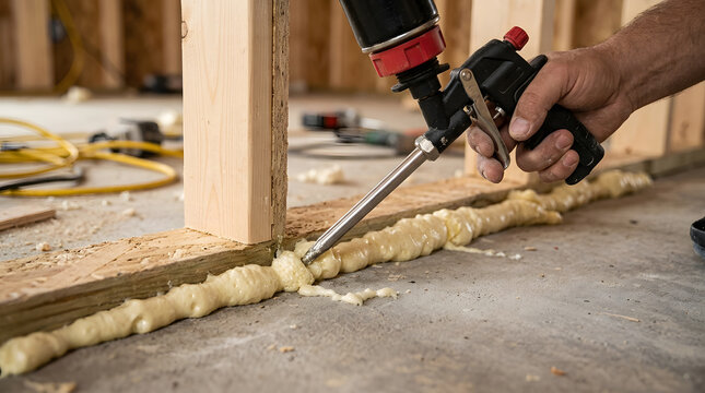 professional spray foam insulation application | sealing air gaps in construction framing | polyurethane foam gun for home improvement | worker insulating wooden wall structure