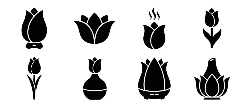 Tulip diffuser icon set black silhouettes representing aromatherapy wellness and home spa mist humidifiers, minimalist design elements for web branding, beauty parlor logo graphics, and vector symbols