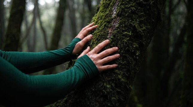 Close up of person touching mossy tree trunk in deep forest exploring connection with wild woodland.