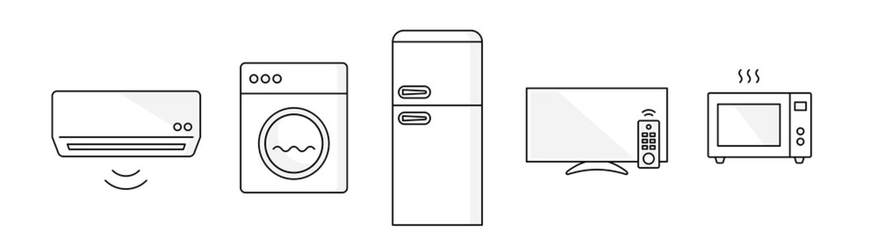 Home appliances vector icon set. Air conditioner, washing machine, refrigerator, television, and microwave. Modern and minimalist home appliance icon set in black, white, and gray tones.