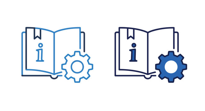 Instruction manual book with gear icon: Icon set - Minimalist, flat icon, outline, glyph, linear, clipart, sticker 