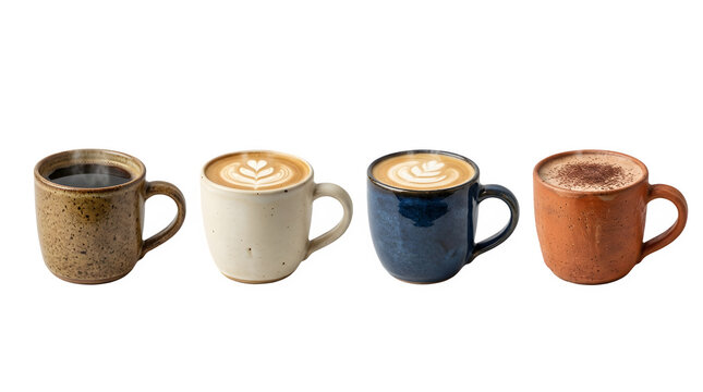 Four different ceramic mugs with various coffee drinks isolated on transparent background