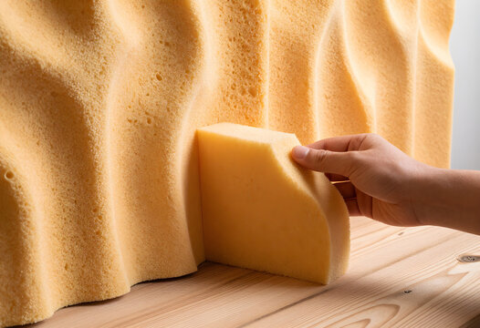 Contextual product layout tracking a human hand interacting with acoustic sea-sponge wall baffles over a sun-bleached driftwood layout table.