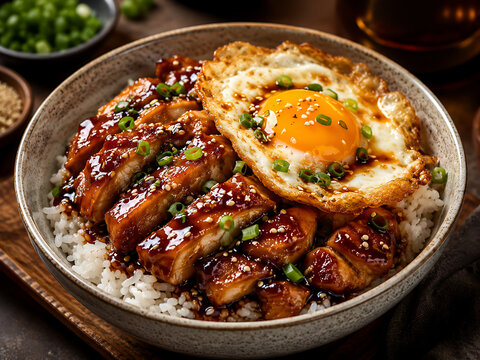 Soy Glazed Chicken Rice Bowl Tender chicken coated in a rich soy glaze served over fluffy steamed rice and crowned with a crispy golden egg. Sweet, savory, and packed with umami in every bite.