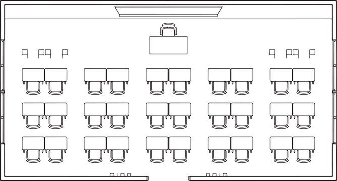 Classroom floor plan layout with rows of student desks and teacher station in a top view vector