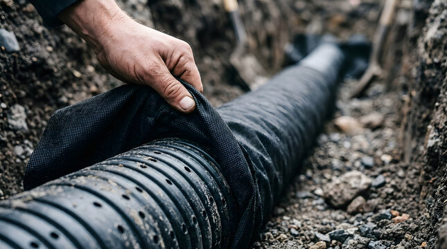 Installing drainage pipe filter sock | French drain system installation process | Geotextile fabric for perforated pipes | Preventing soil clogging in drain pipes