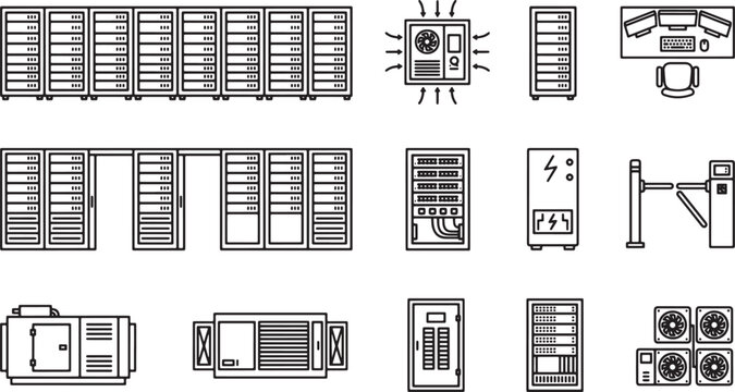 Data center server rack icons set with cooling systems and security infrastructure in flat line vector style