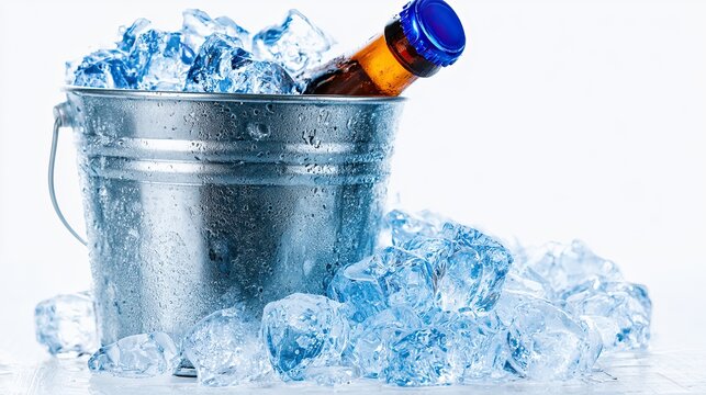 Metal Ice Bucket Filled With Chilled Green Glass Beer Bottles With Condensation And Ice Cubes, Vintage Wood Background For Bar Poster, Night Drinks, Summer Party Promotion Graphic Template