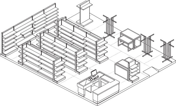 Isometric retail store floor plan with shelving units and checkout counter in a clean line art vector