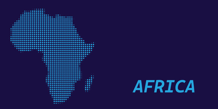 Abstract blue dotted map of africa continent with text on dark blue background digital halftone dot map infographic