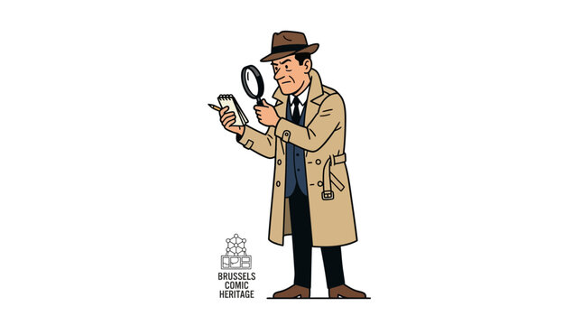 Cartoon detective in a trench coat and fedora examining a clue with a magnifying glass.