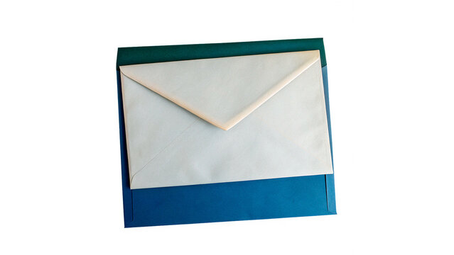 Stack of colorful envelopes with a white envelope on top of blue and green ones
