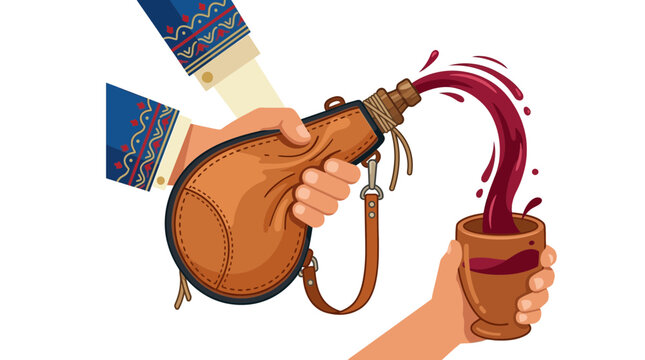 Person pouring red wine from a leather wineskin into a small cup.