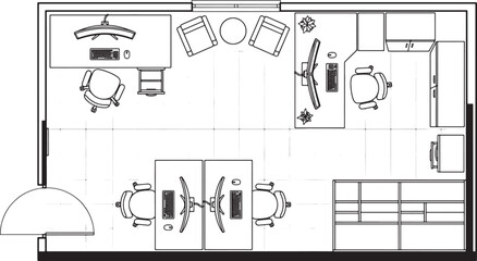Fototapeta premium Office floor plan layout with desks chairs and storage furniture in a top down architectural vector drawing