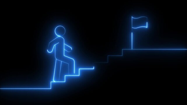 Neon glowing Person Climbing Stairs Towards Success flag icon animation on black background. 4k animation alpha chanel loop