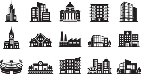 Fototapeta premium Set of black silhouette building icons representing various urban structures and public facilities for architectural design projects