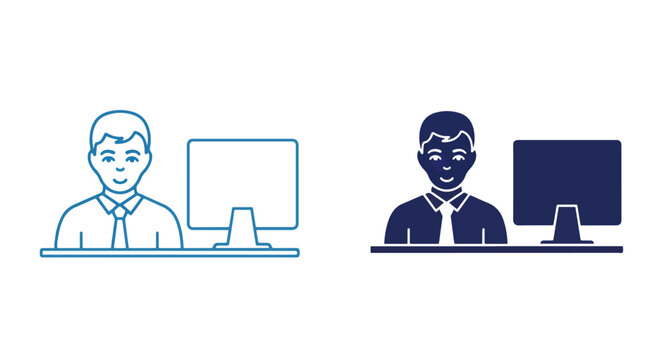 Person at computer desk blue icon set: Solid vector icons - Clipart, sticker - icon set - Editable modern style icon