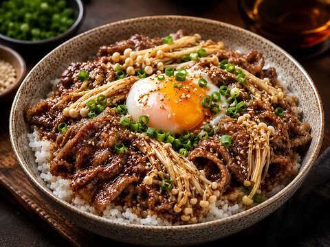 Enoki Mushroom and Sliced Beef Rice Bowl Thinly sliced beef paired with delicate enoki mushrooms and a silky egg creates an elegant combination