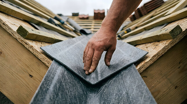 Installing GRP roof valley trough|Professional roofing construction waterproofing|Fitting pre-formed valley liner on timber frame|Roofer working on residential roof drainage system
