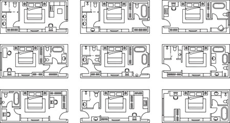 Naklejka premium Set of nine bedroom floor plan layouts with bathrooms and walk-in closets in black and white vector