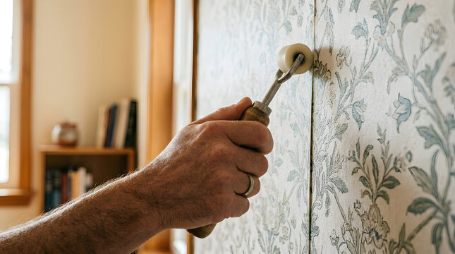 hand using wallpaper seam roller on floral wall | DIY home renovation wallpaper installation process | close up of smoothing wallpaper joints with professional tool | interior decorating and wall cove