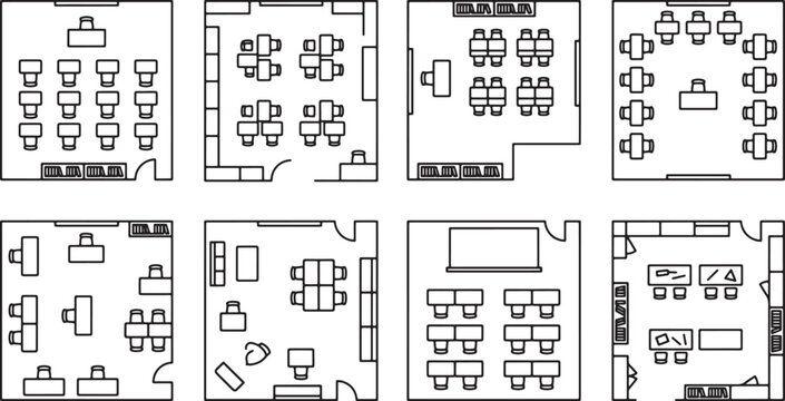 Set of office and classroom floor plan layouts with furniture arrangement in black and white vector illustration