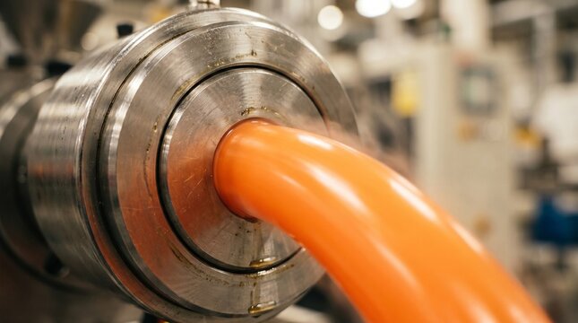 Manufacturing process of orange plastic cable extrusion through steel industrial nozzle machine creating hot molten material emerging in workshop factory setting closeup photography style.