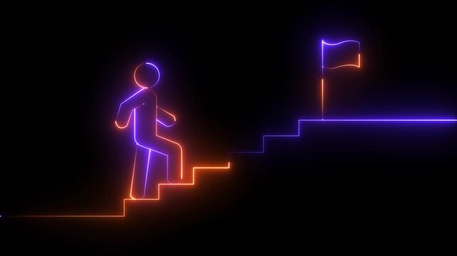 Neon glowing Person Climbing Stairs Towards Success flag icon animation on black background. 4k animation alpha chanel loop