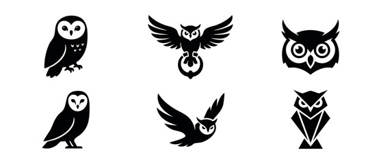 Black owl vector silhouette set featuring flying perched geometric logo design elements isolated on white background symbolizing wisdom education modern minimalist style for nocturnal bird icon bundle © Dinali