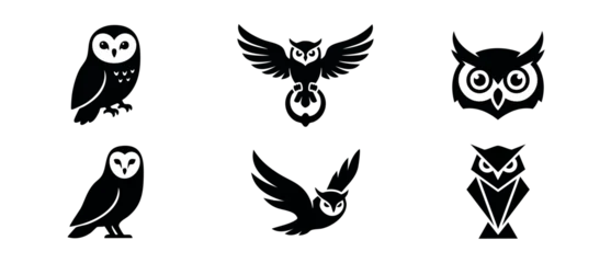 Fotobehang Uiltjes Black owl vector silhouette set featuring flying perched geometric logo design elements isolated on white background symbolizing wisdom education modern minimalist style for nocturnal bird icon bundle  © Dinali